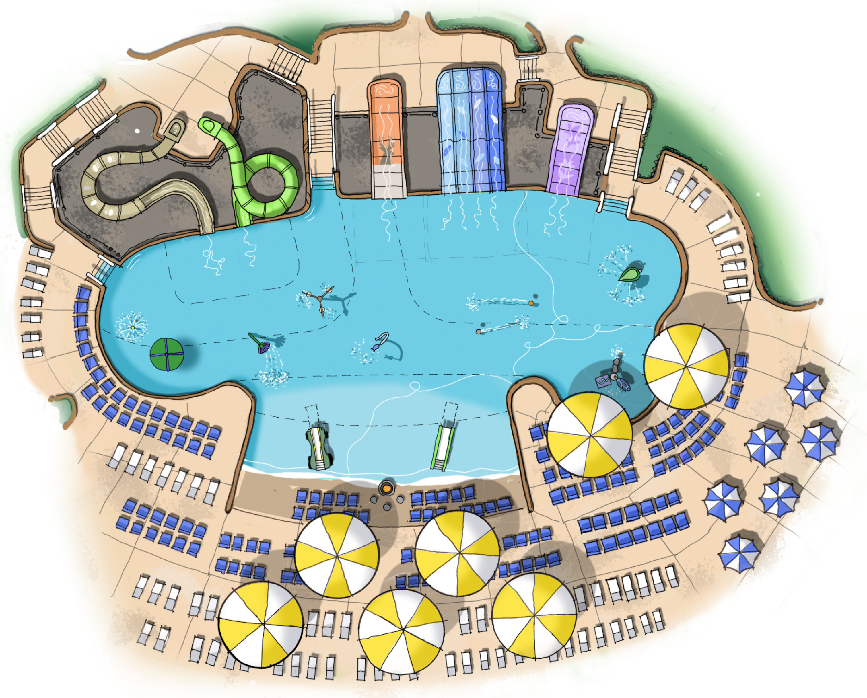 A 2D rendering of Critter Cove. Five slides are located at the upper edge of the pool; seating surrounds the lower end; and the middle of the pool features a variety of spray and tipping features.