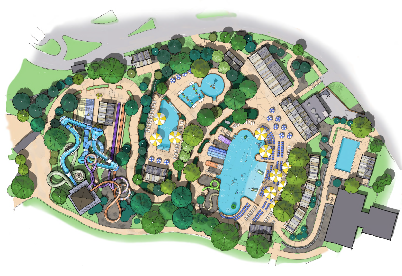 A 2D rendering of the Summit Canyon area showing the location of pools and slides.
