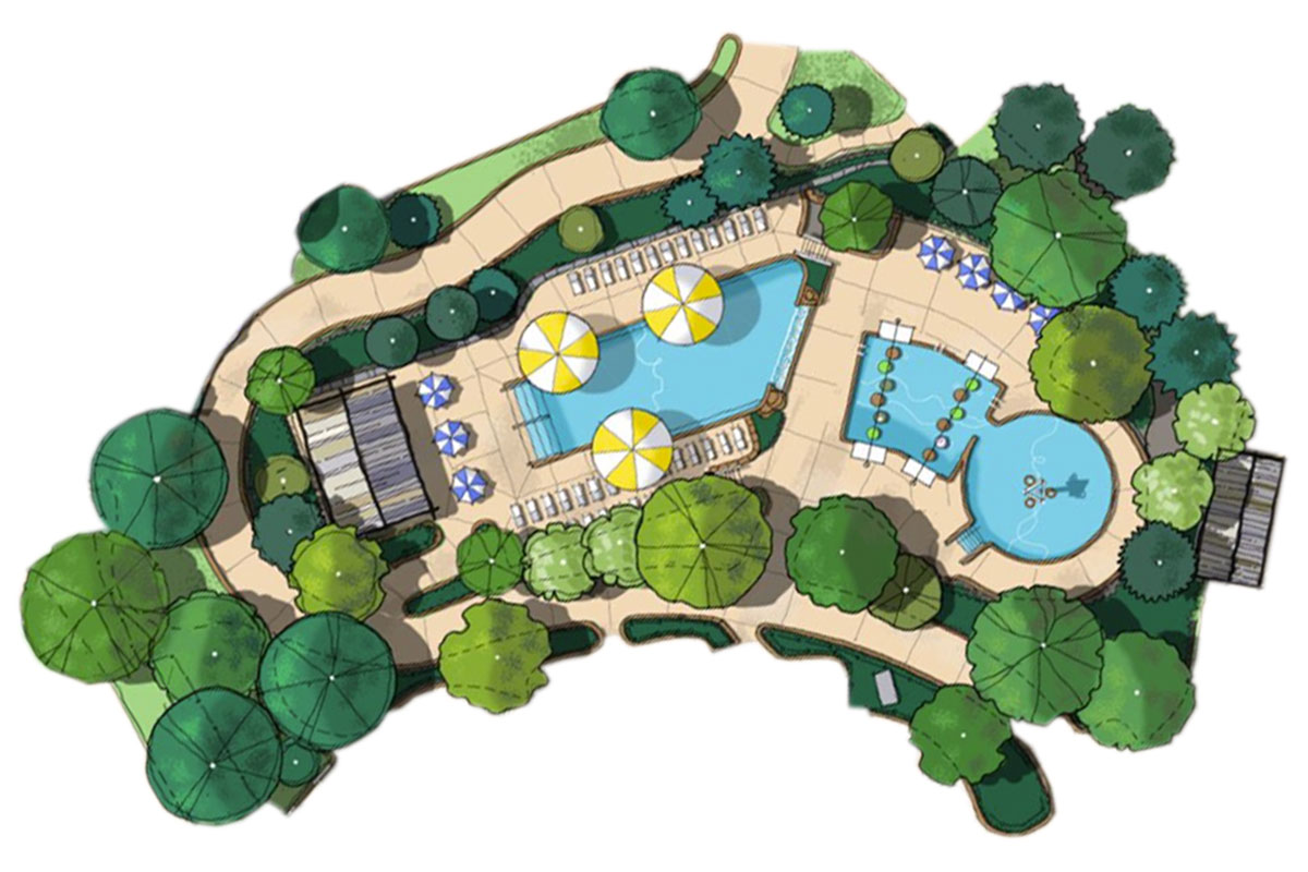 The Emerald Lake leisuer pool is surrounded by lounge chairs and umbrellas. A short distance away, the Creekside Crossing obstacle course offers a challenge for all ages and borders the Puddle Dunker pool with three in-water basketball hoops.