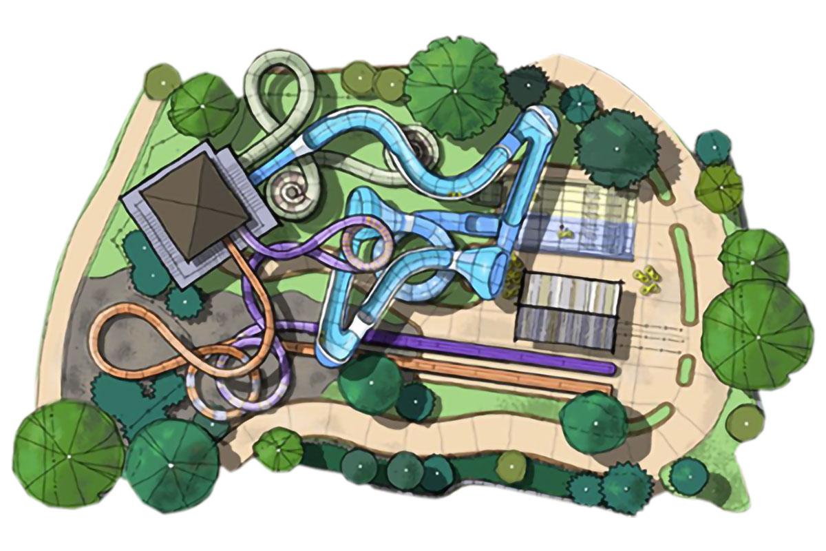 This close-up of the upper portion of Summit Canyon shows the Lookout Tower complex, featuring four waterslides.