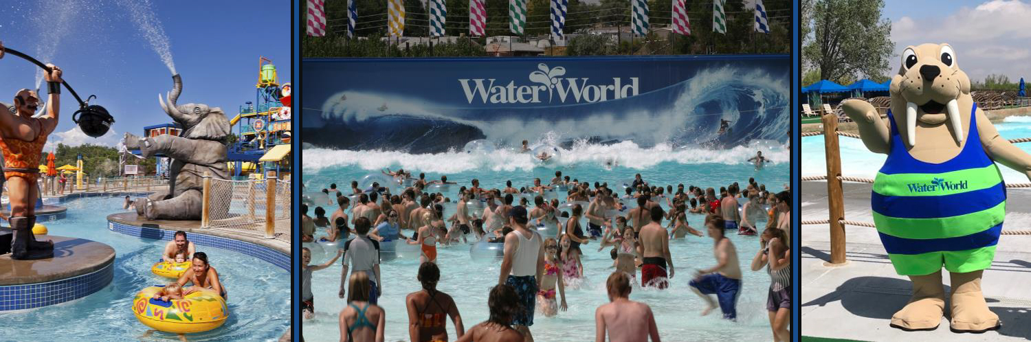 WaterSafetyMonth2018_ImageBanner Crowd at Water World Park and Water World Mascot